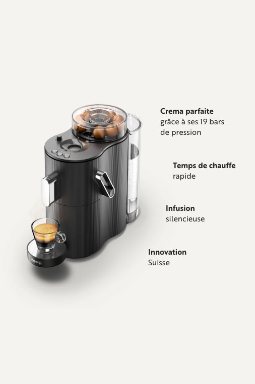 Machine à  café noire avec réservoir de capsules transparent, tasse remplie sur support.
