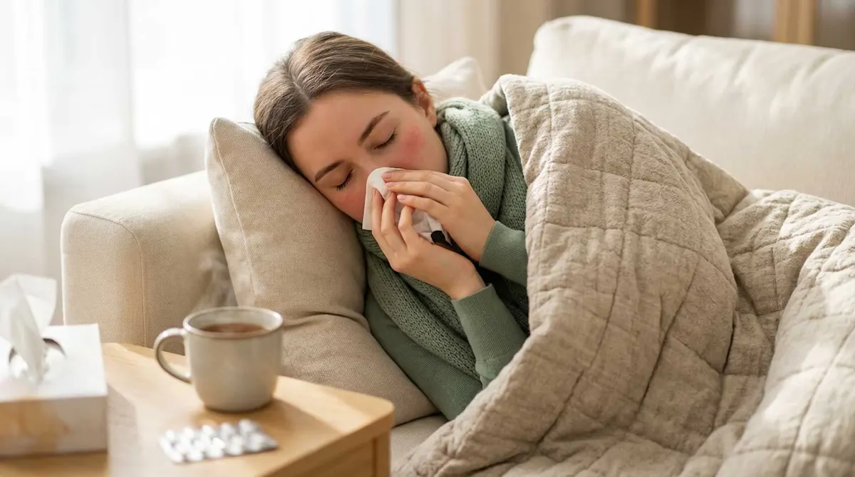 Erkältete Frau liegt auf dem Sofa zugedeckt mit einer dicken Decke, schnäuzt sich die Nase, auf dem Tisch steht eine Tasse dampfender Tee.