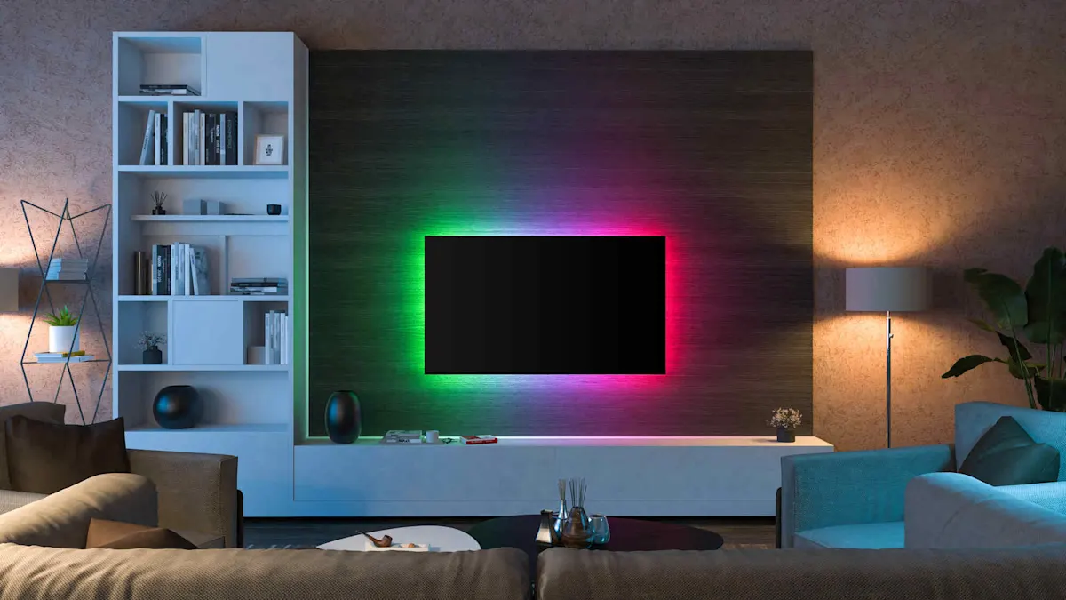 Salon avec télévision murale et éclairage Ambilight coloré en vert, bleu et rose derrière l'écran.