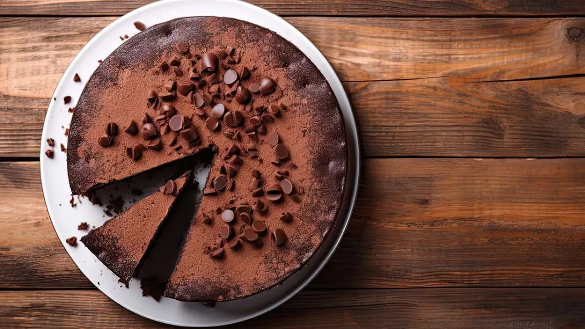 Torta al cioccolato su piatto bianco, cosparsa di cacao e scaglie di cioccolato, su tavolo di legno marrone.