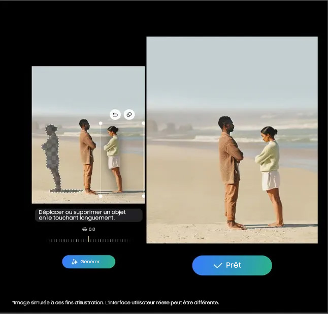 Interface d'application montrant deux images retouchées d'un homme et d'une femme debout sur une plage. L'interface propose des options d'édition.