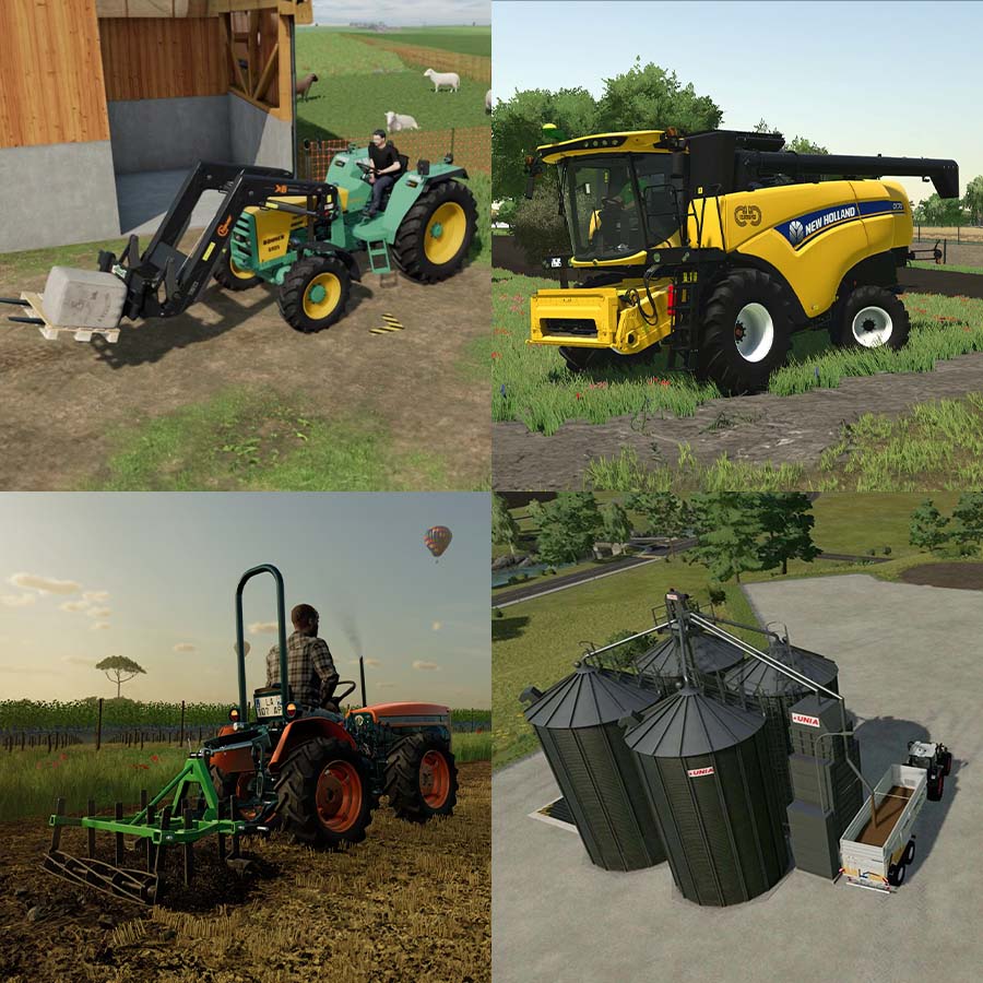 Quatre images montrent de l'équipement agricole : tracteurs vert et orange, moissonneuse jaune, et silos de ferme gris.
