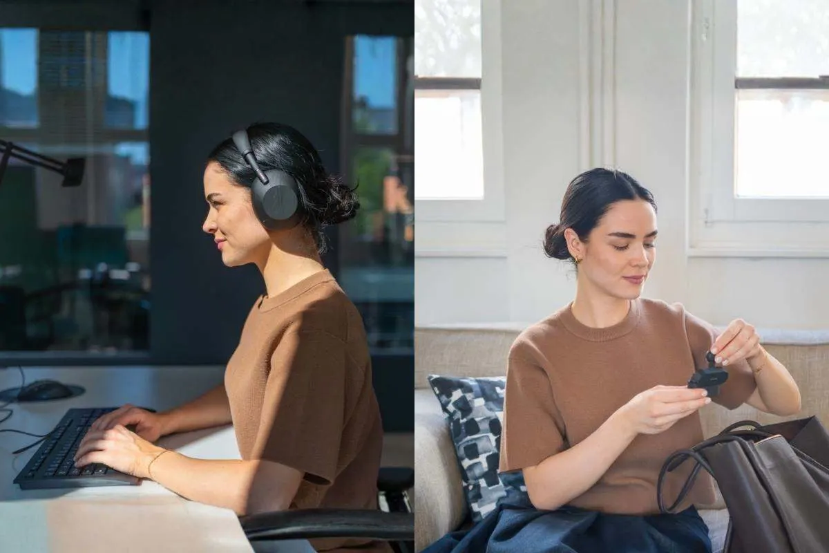 Zwei Szenen im Vergleich: links trägt eine Frau den Sony WH-1000XM6 Over-Ear-Kopfhörer in Schwarz beim Arbeiten am Computer; rechts hält eine Frau das Case des Sony WF-1000XM6 in den Händen. 