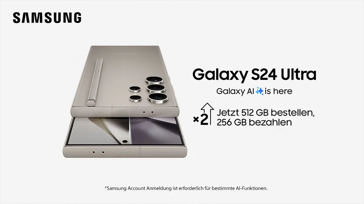 Zwei Samsung Galaxy S24 Ultra Handys übereinander, mit drei Kameras auf dem oberen Gerät und einem Stift. Werbebotschaft daneben.