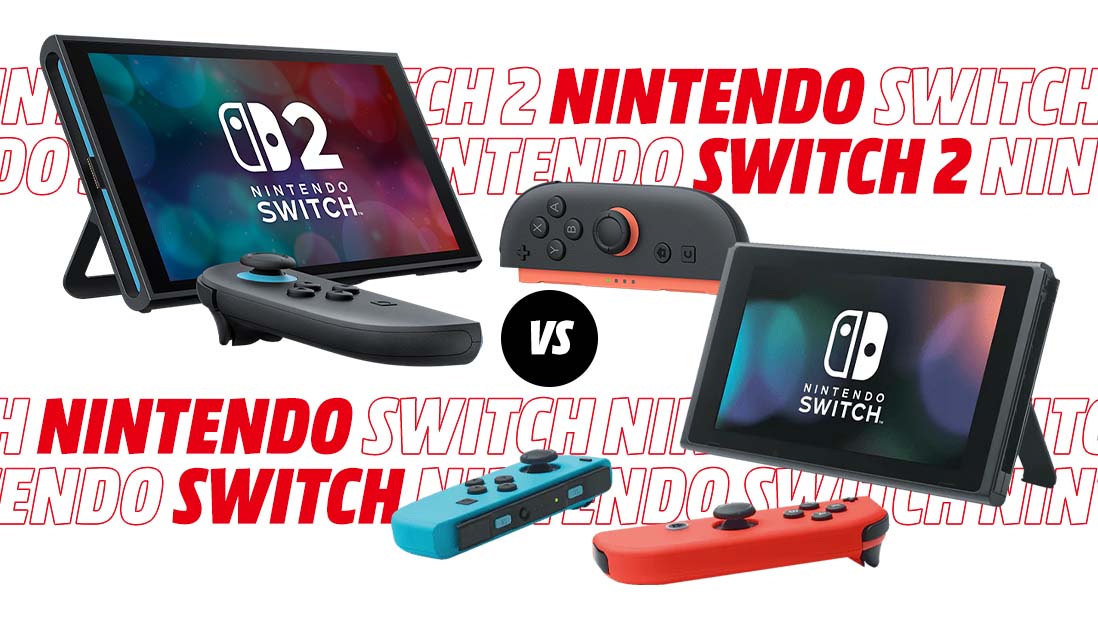 Zwei Nintendo Switch-Konsolen und Controller mit dem Text "Nintendo Switch" und "Nintendo Switch 2" vor weissem Hintergrund.