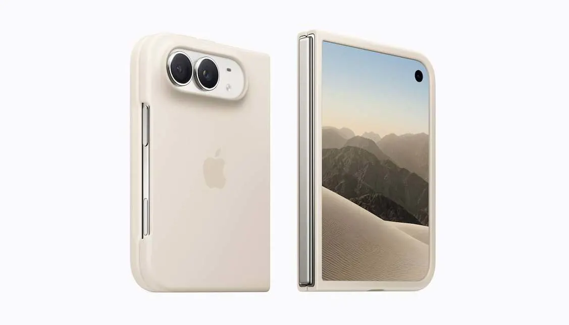 iPhone Duo chiuso in una custodia color sabbia, mostrato una volta da dietro con il sistema a doppia fotocamera e una volta davanti con il display esterno. 