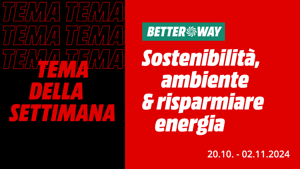 Testo promozionale su due sfondi: nero con "TEMA DELLA SETTIMANA" in rosso, e rosso con scritte bianche su sostenibilità , ambiente ed energia.