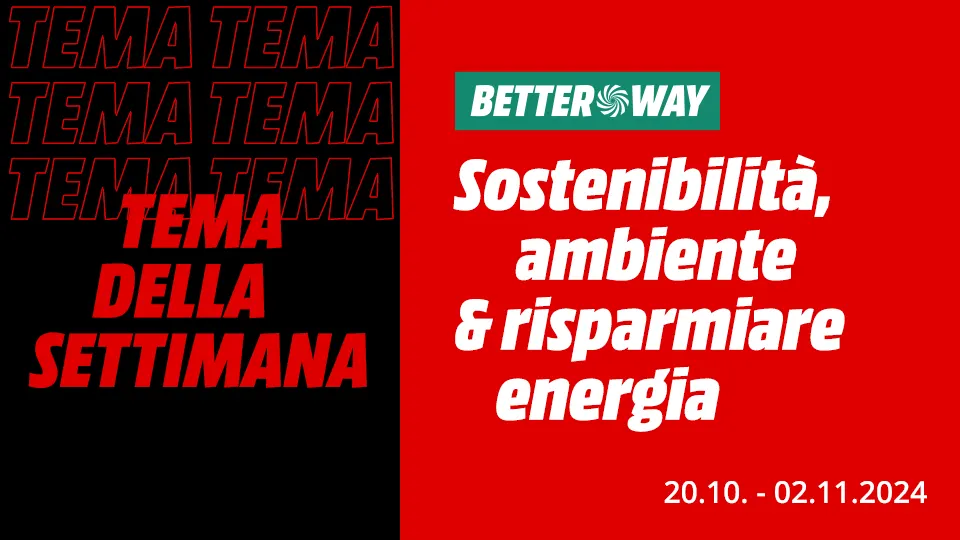 Testo promozionale su due sfondi: nero con "TEMA DELLA SETTIMANA" in rosso, e rosso con scritte bianche su sostenibilità , ambiente ed energia.