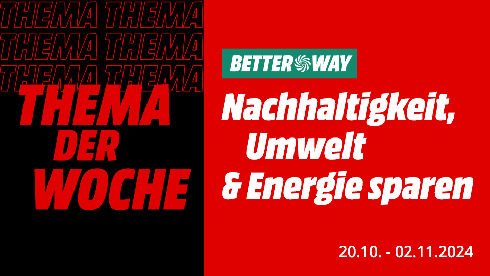 Roter Hintergrund mit Text. Links steht in Rot "THEMA DER WOCHE" auf Schwarz. Rechts steht "Nachhaltigkeit, Umwelt & Energie sparen".