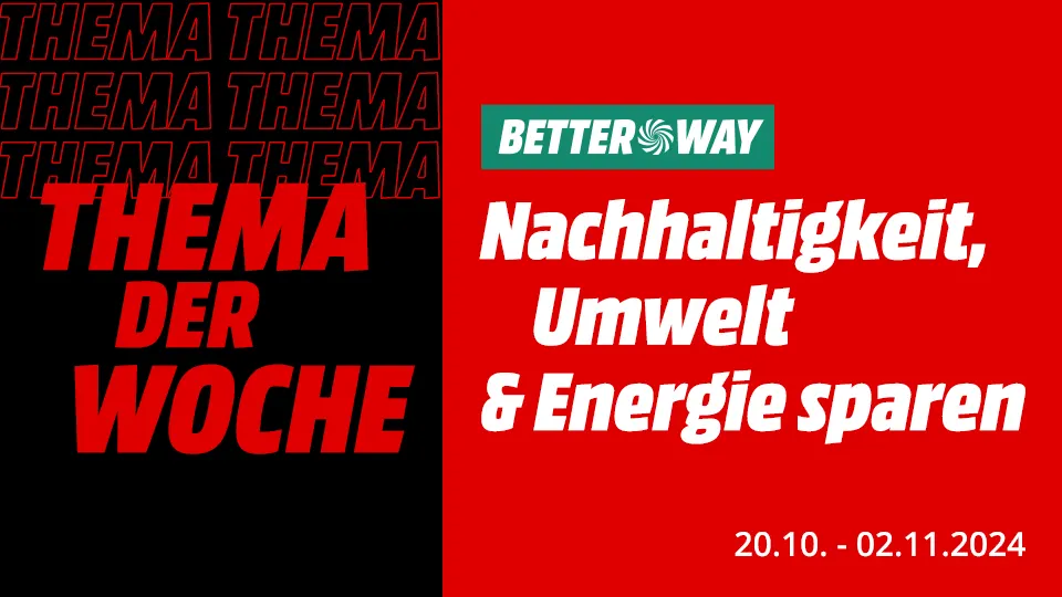 Roter Hintergrund mit Text. Links steht in Rot "THEMA DER WOCHE" auf Schwarz. Rechts steht "Nachhaltigkeit, Umwelt & Energie sparen".