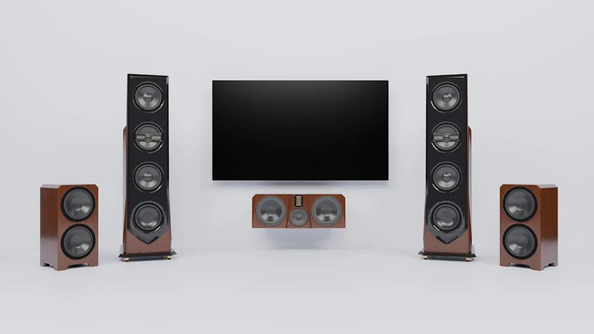 Sistema home cinema 5.1 con altoparlanti a torre, centrale, subwoofer e televisore davanti a uno sfondo neutro.