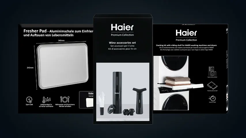 Drei schwarze Produktverpackungen von Haier, inklusive Aluschale, Wein-Set und Waschmaschinen-Zubehör.
