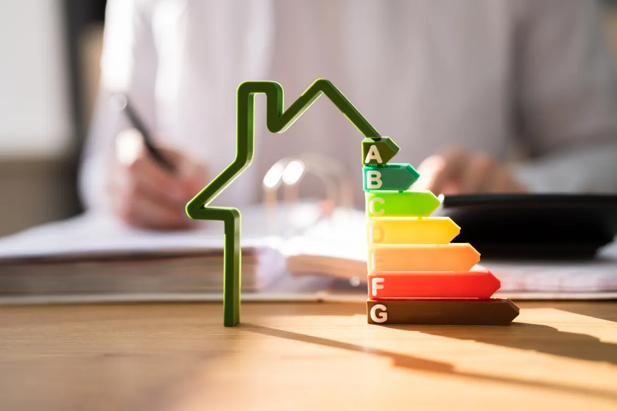 Symbolische Darstellung der Energieeffizienz: Ein Haus mit einem Pfeildiagramm von A bis G, das die Energieklassen zeigt.