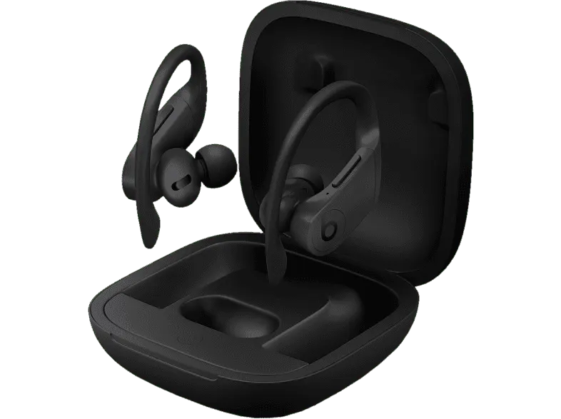 Schwarze In-Ear Kopfhörer mit Bügel und Case.