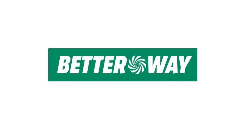 Testo bianco "BETTER WAY" su rettangolo verde con simbolo a spirale al centro, su sfondo bianco.