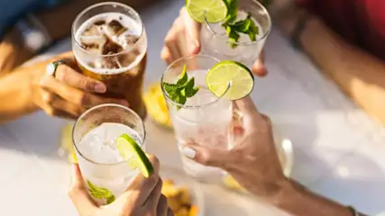 Mehrere Personen stossen mit gekühlten Getränken, Limetten und Minze an.