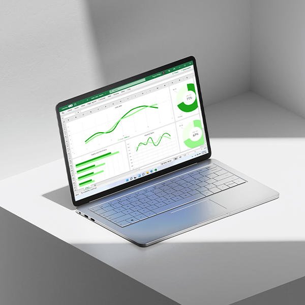 Sul display di un computer portatile argentato viene visualizzato un foglio di calcolo Excel con vari diagrammi e tabelle verdi.