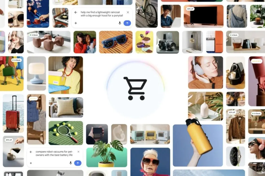 Immagini di prodotti e lifestyle attorno a un’icona di un carrello mostrano una vista shopping colorata supportata dall’IA.