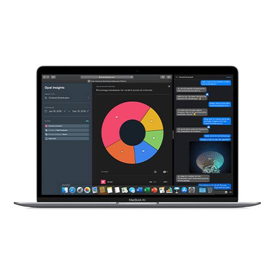 Ein Laptop zeigt eine Oberfläche mit einem Rund-Diagrammen, Nachrichten und Icons.
