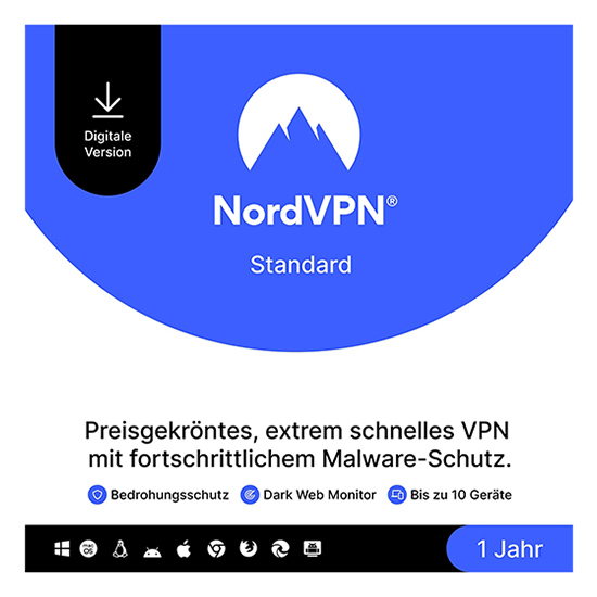 NordVPN Standard-Paket: Digitale Version mit Logo, bewirbt schnelles VPN mit fortschrittlichem Malware-Schutz und 1 Jahr Laufzeit