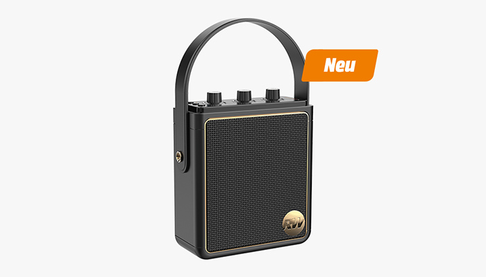 PEAQ x Robbie Williams ICONIC Vibe 5 Retro Bluetooth Lautsprecher in Schwarz mit goldenen Details, Tragegriff und drei Drehreglern im Vintage-Design.
