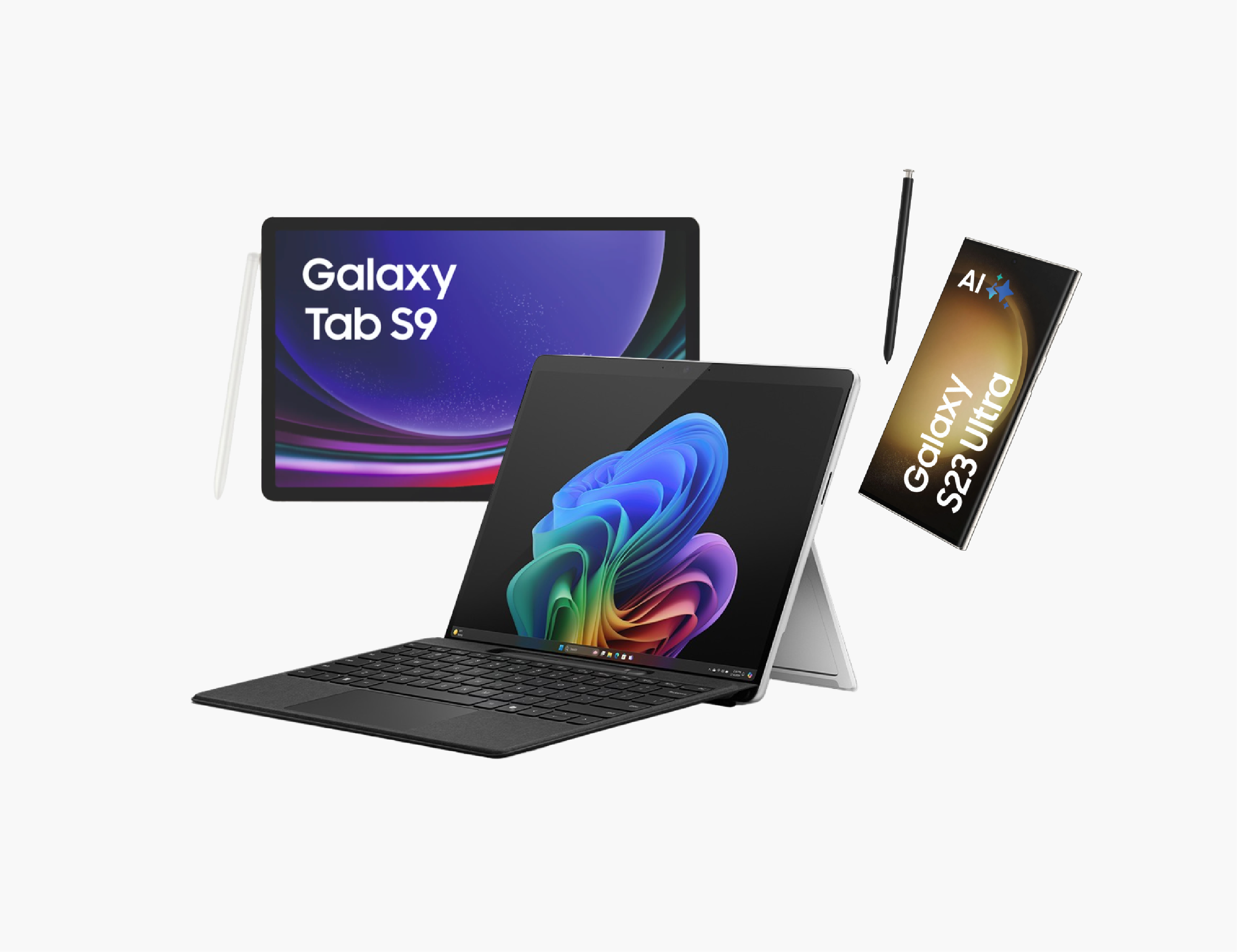Ein Galaxy Tab S9 mit Stift, ein Tablet mit Tastatur und ein Galaxy S23 Ultra mit Stift