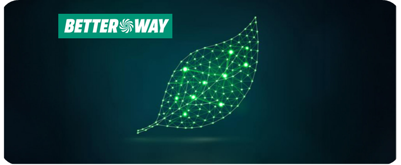 Grünes "Better Way"-Logo, daneben ein grünes Blatt aus Punkten und Linien auf dunkelblauem Hintergrund.