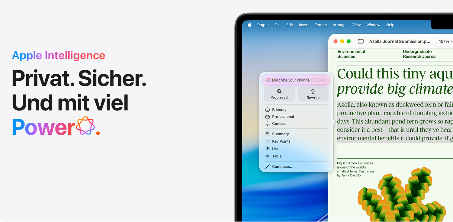 Mac mit Apple-Intelligence-Funktionen und Schreibassistent. Text: „Privat. Sicher. Und mit viel Power.“