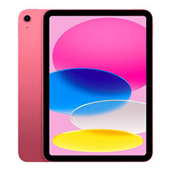 Rosa iPad mit schwarzem Rahmen, Display mit rosa, blauem, weißem und gelbem Grafikdesign. Auf der Rückseite befindet sich eine einzelne Kamera.