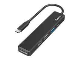 Schwarzer Hama USB-C-Hub mit mehreren Anschlüssen.