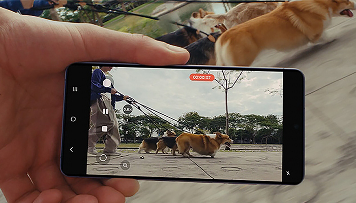 Nahaufnahme eines Nutzers, der mit seinem Galaxy S26 ein Video mehrerer Hunde dreht, die gerade Gassi gehen.