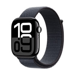 Eine schwarze Smartwatch mit einem schwarzen Armband zeigt die Uhrzeit 19:09 auf einem digitalen Display.