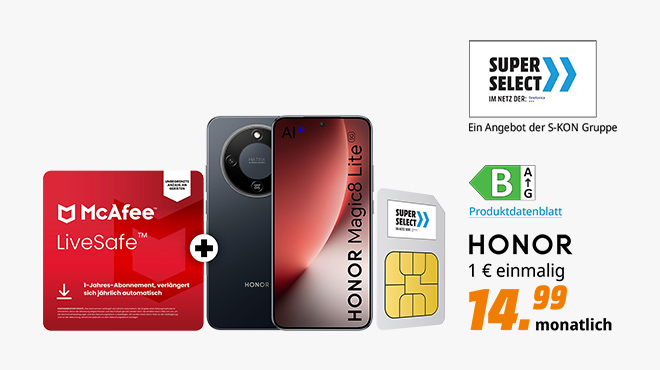 Angebot der S-Kon Gruppe: Honor Magic 8 Lite (+ McAfee mit 35 GB), Energieeffizienz B im Super Select S-Tarif für einmalig 1 € / mtl. 14,99 €.