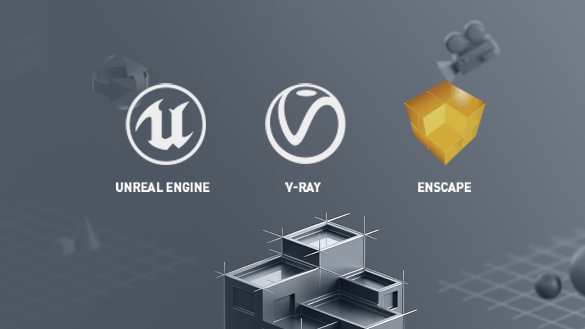 Drei Logos von Rendering-Software: Unreal Engine, V-Ray und Enscape. Darunter ein graues Modell eines Gebäudes mit Bauplanlinien.