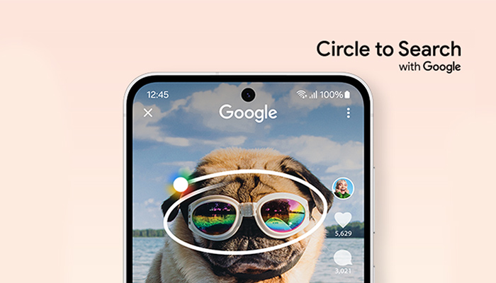 Auf dem Bildschirm eines Smartphones ist ein Hund mit einer reflektierenden Brille abgebildet. Eine Suchfunktion ist um die Brille gezeichnet.