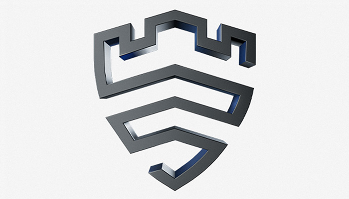 Dunkelgraues Schild-Logo mit blauem Rand auf weißem Hintergrund, das eine stilisierte Festung darstellt.