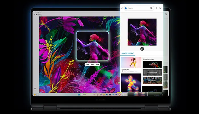 Ein Laptop-Bildschirm zeigt eine farbenfrohe Grafik und ein Browserfenster mit verwandten Inhalten. Auf dem Desktop sind Symbole sichtbar.