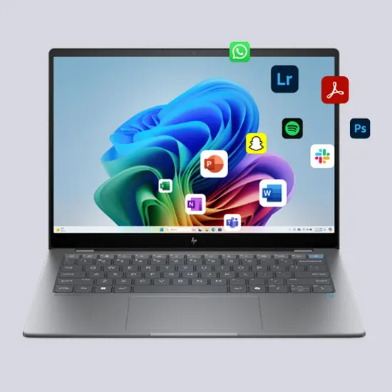 Ein Laptop mit einem farbenfrohen Hintergrundbild und App-Symbolen wie WhatsApp, Spotify und Adobe-Programmen auf dem Bildschirm.