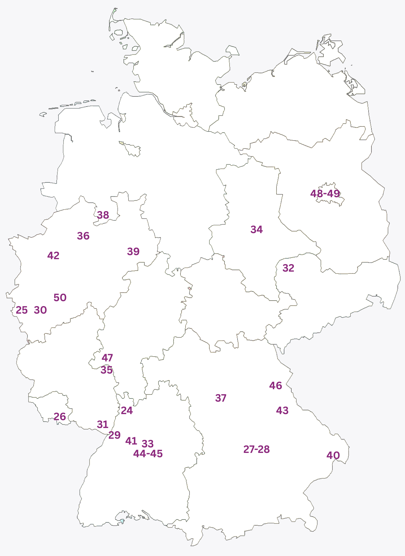 Deutschlandkarte mit nummerierten Standorten (24-50) vor einem weißen Hintergrund.