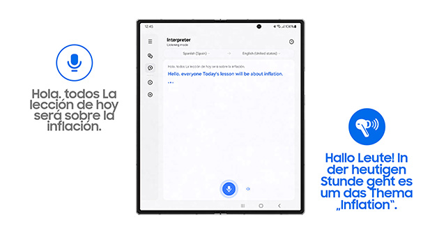 Ein Tablet zeigt eine Übersetzungs-App mit Text in Englisch, Spanisch und Deutsch zum Thema Inflation. Mikrofonsymbole sind sichtbar.