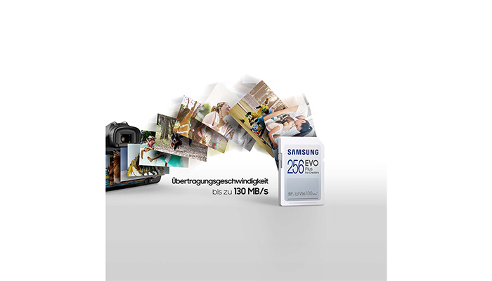 Eine Kamera und eine Samsung 256 EVO Speicherkarte sind zu sehen, umgeben von Fotos auf einem weißen Hintergrund.