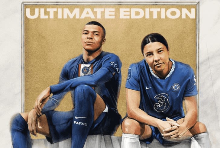fifa23_gamecover_ultimate_edition_spieler_mbappe_und_kerr_sitzend_nebeneinander