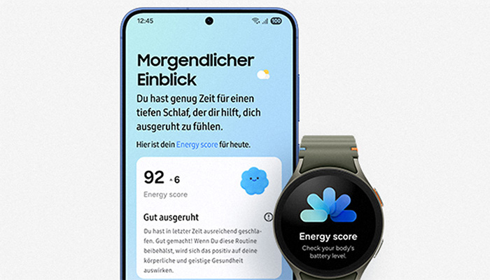Ein Smartphone zeigt einen "Morgendlichen Einblick" mit einem Energy Score. Eine Smartwatch zeigt ebenfalls den Energy Score an.