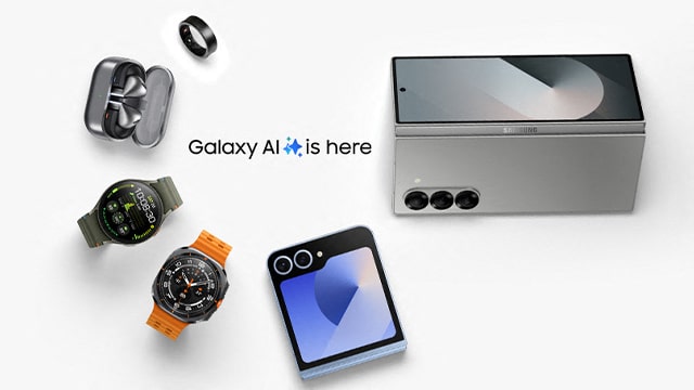 Auf weißem Grund sind ein faltbares Telefon, zwei Uhren, Ohrhörer und ein Ring abgebildet. Der Text „Galaxy AI is here“ ist ebenfalls sichtbar.