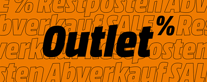 Schwarzer "Outlet"-Text auf orangefarbenem Hintergrund mit sich wiederholenden Wörtern wie "Sale", "Abverkauf" und "%".