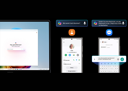Bild zeigt: Laptop, Telefonkontakt-App mit Profil, Nachrichten-App mit Tastatur und Texteingabe. Sprachbefehle oben.