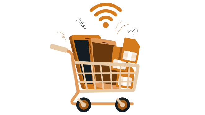 Symbol Tarife: Einkaufswagen mit Smartphones und SIM-Karten.