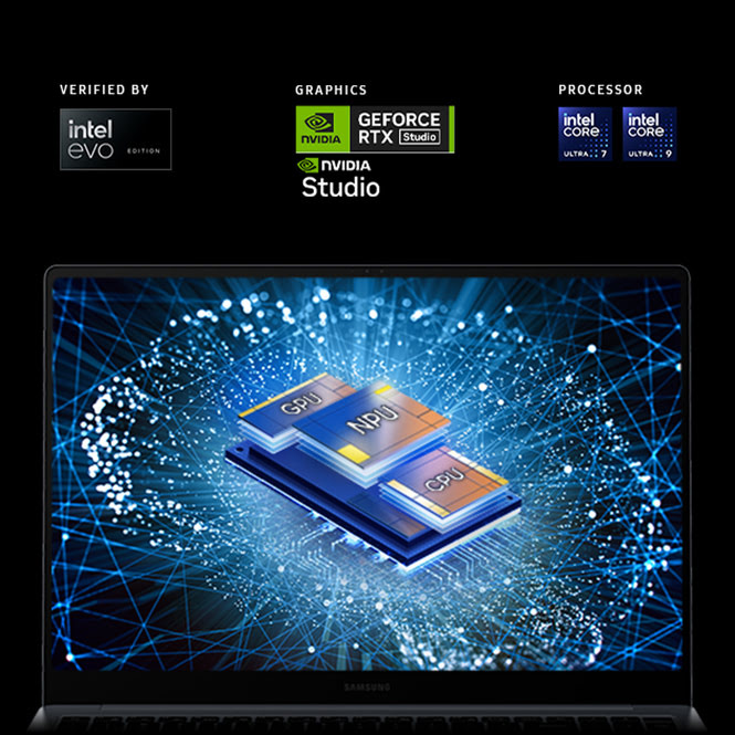 Laptop-Bildschirm zeigt GPU, NPU und CPU Chips vor einem blauen Hintergrund mit Intel Evo, Nvidia RTX Studio Logos.
