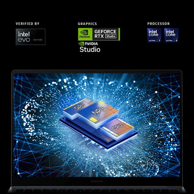 Laptop-Bildschirm zeigt GPU, NPU und CPU Chips vor einem blauen Hintergrund mit Intel Evo, Nvidia RTX Studio Logos.
