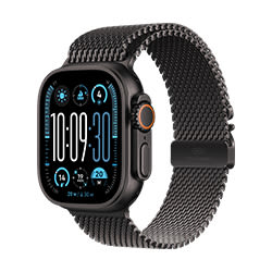Schwarze Smartwatch mit digitaler Anzeige "10:09:30" und einem feinmaschigen Metallarmband auf weißem Hintergrund.